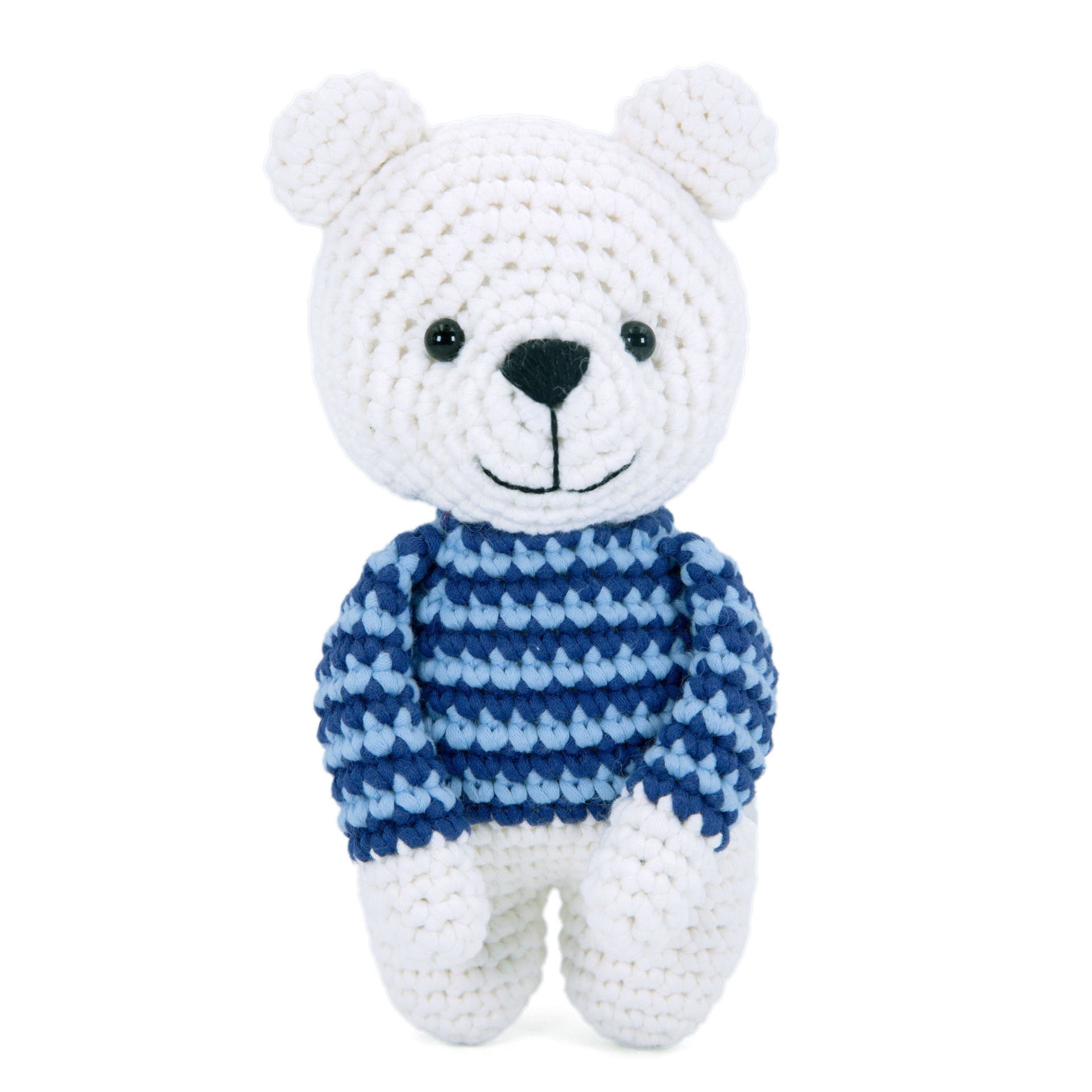 Urso de peluche branco com camisola às riscas azuis