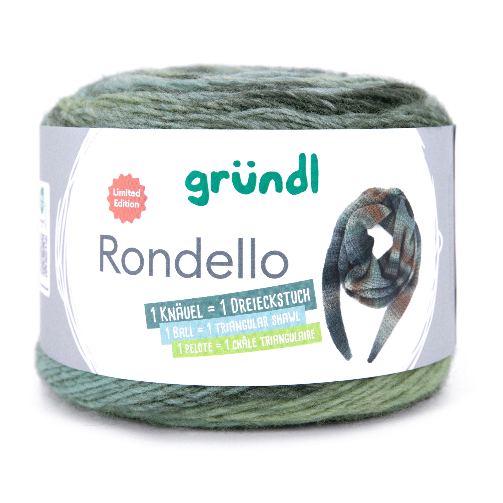 Novelo de lã verde com etiqueta branca da marca gründl com texto e imagem de xale estampado