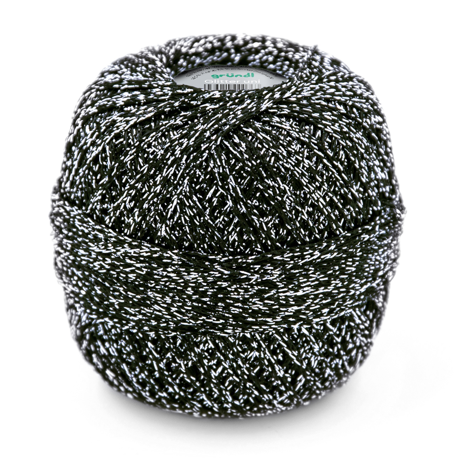 Novelo de fio preto com brilhos prateados e rótulo