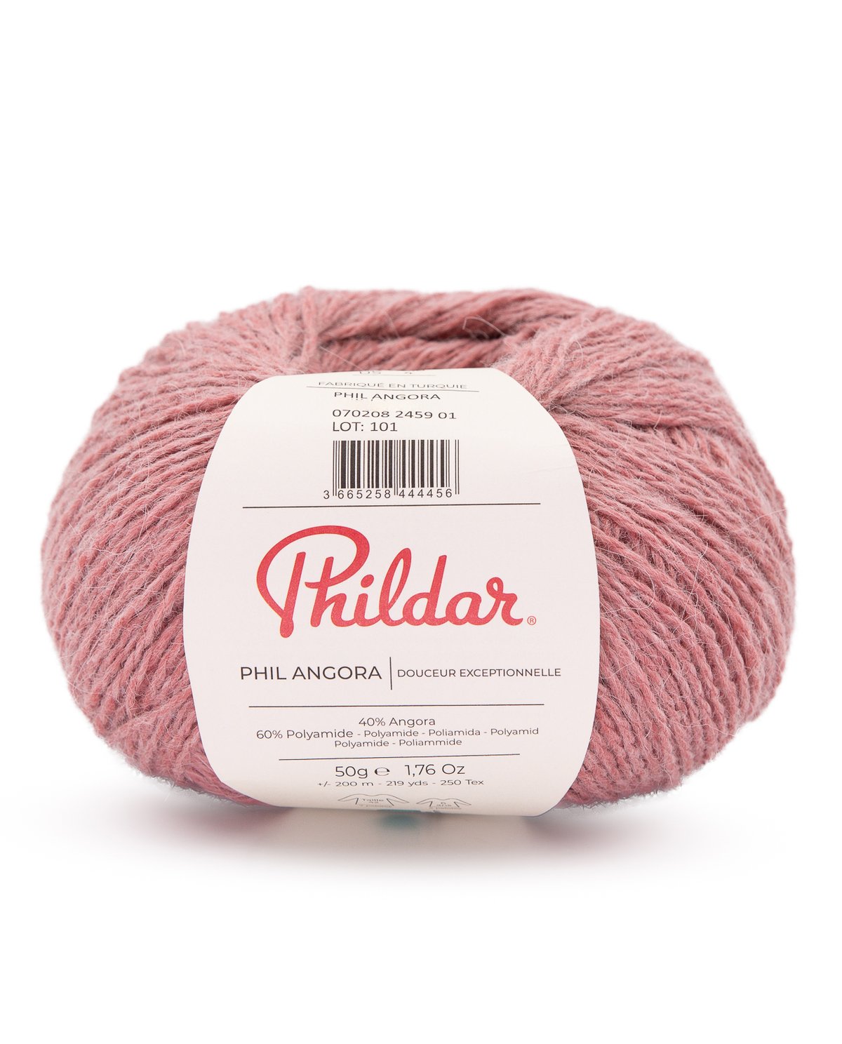 Fio de lã rosa com etiqueta branca da Phildar Phil Angora