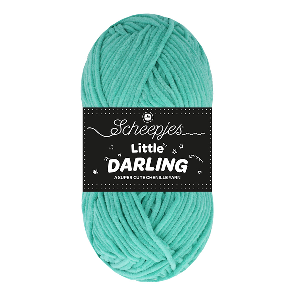 Novelo de fio chenille azul esverdeado com etiqueta preta Scheepjes Little Darling