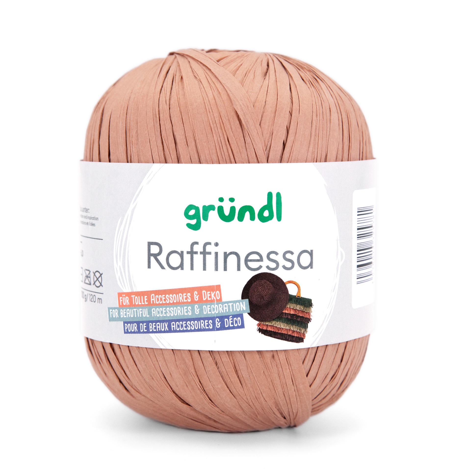 Bobina de fio bege claro com rótulo branco e texto para acessórios e decoração