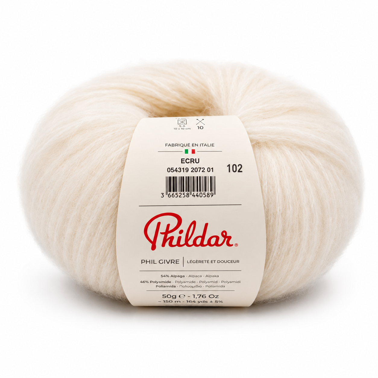Rolo de fio de malha ecru com etiqueta branca e texto vermelho e preto