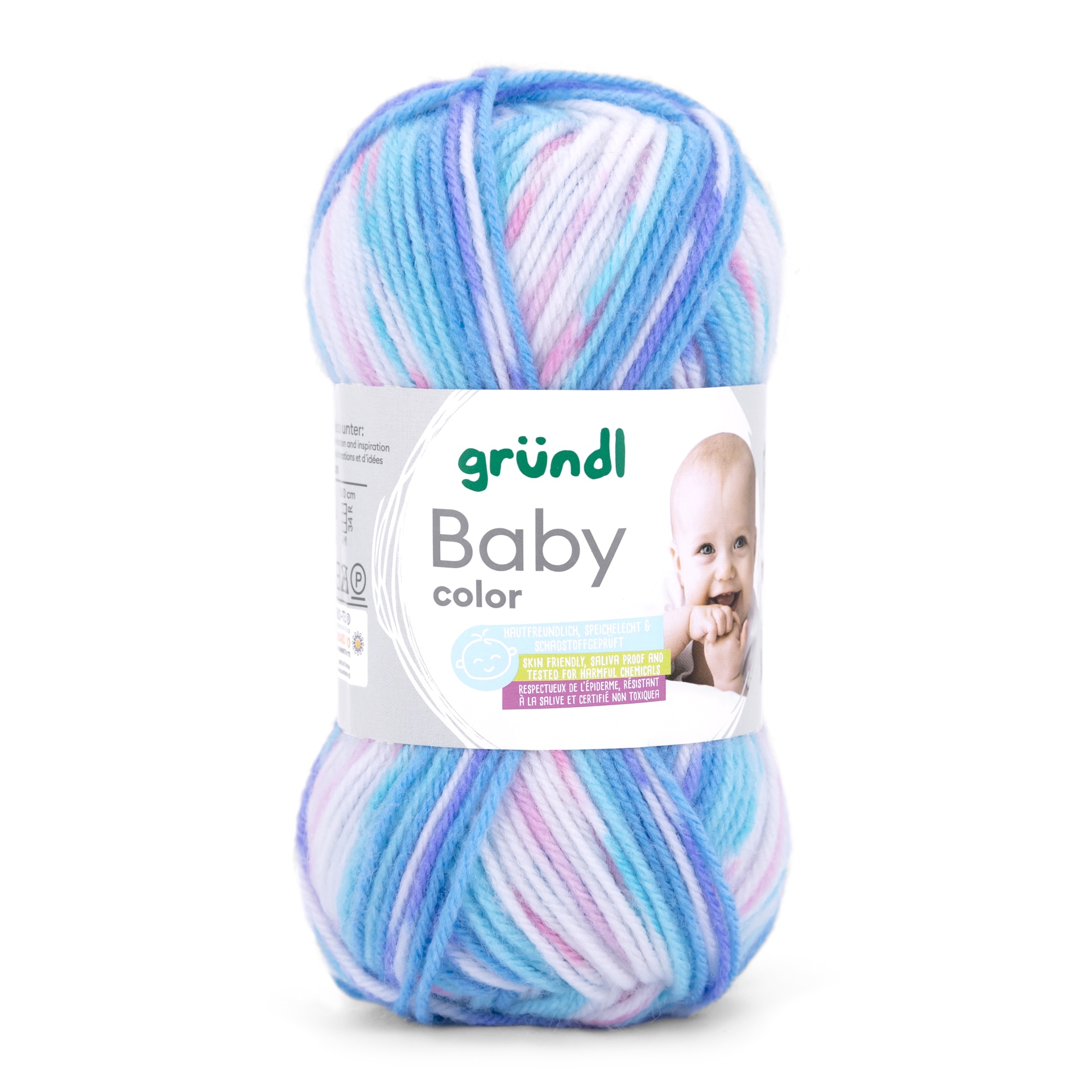 Novelo de lã Gründl Baby color em tons de azul, lilás e branco com etiqueta
