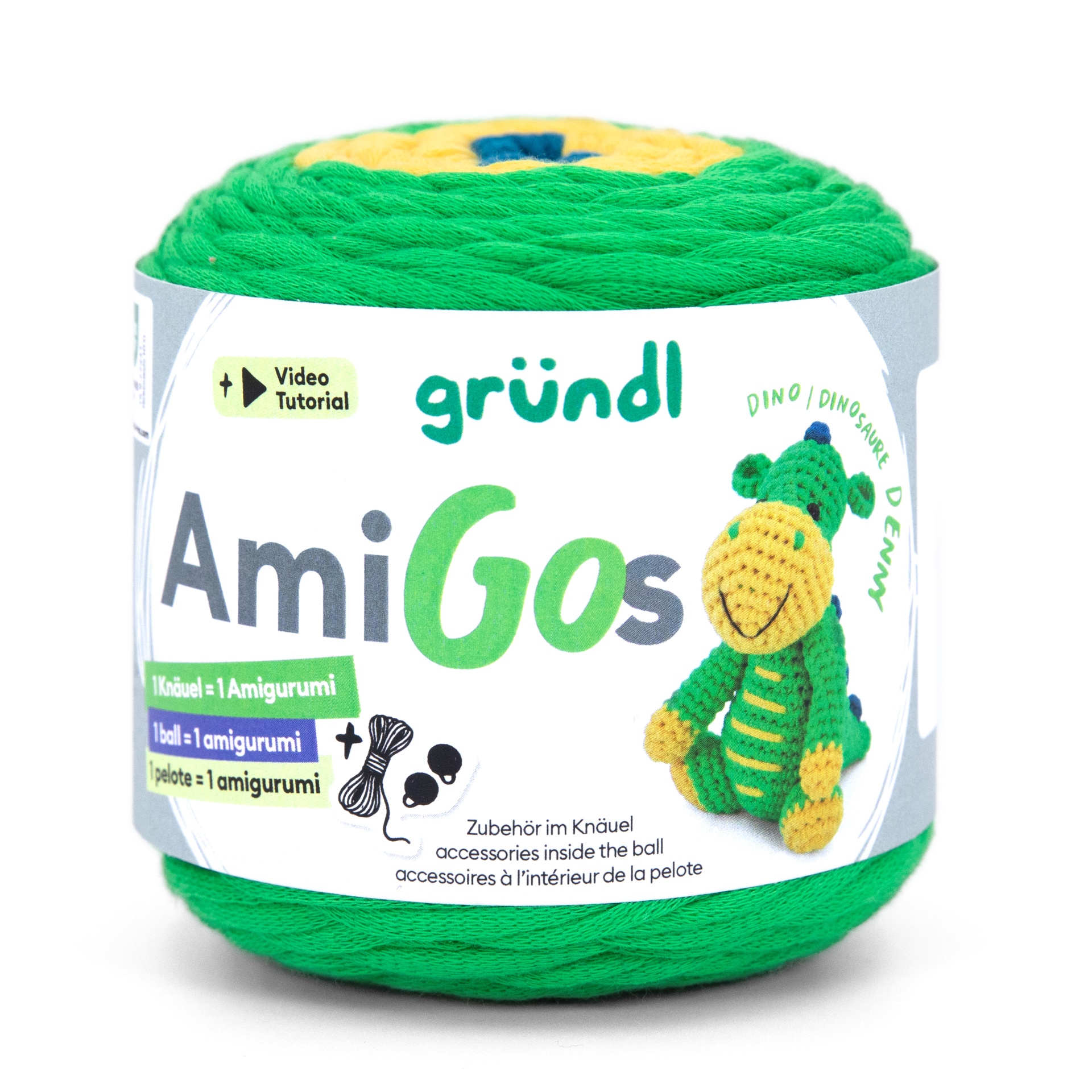 Rolo colorido de fio AmiGos com etiqueta e dinossauro de crochê
