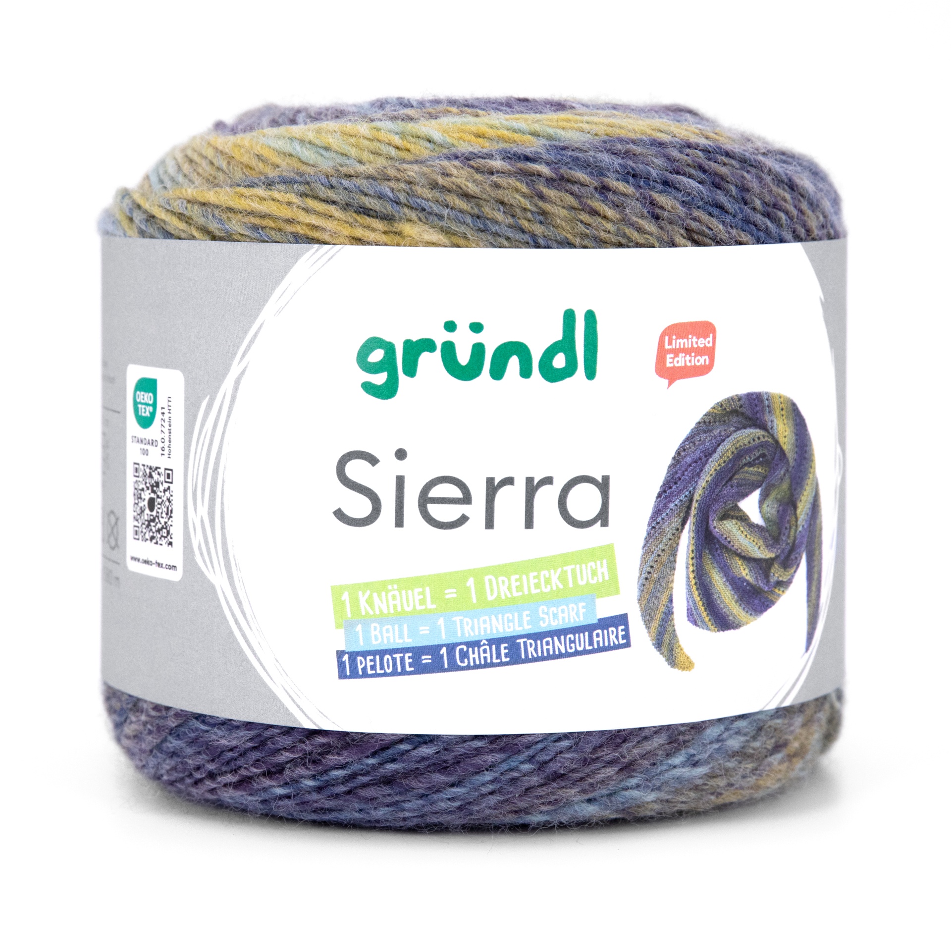 Novelo de fio multicolorido Gründl Sierra com etiqueta branca