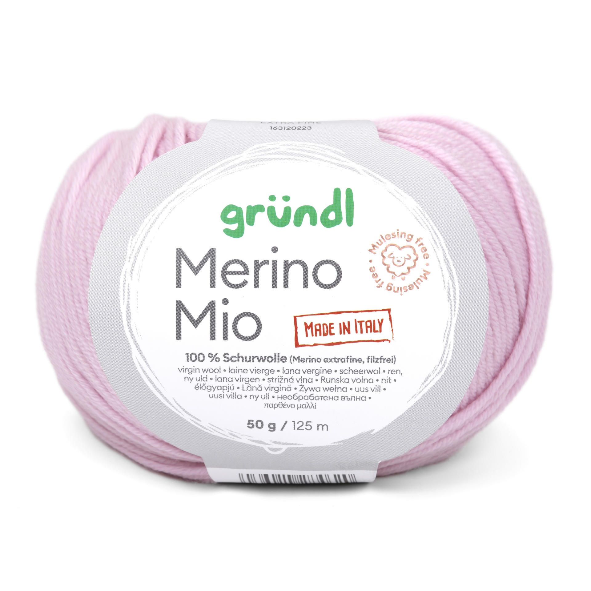Novelo de lã rosa com etiqueta Gründl Merino Mio
