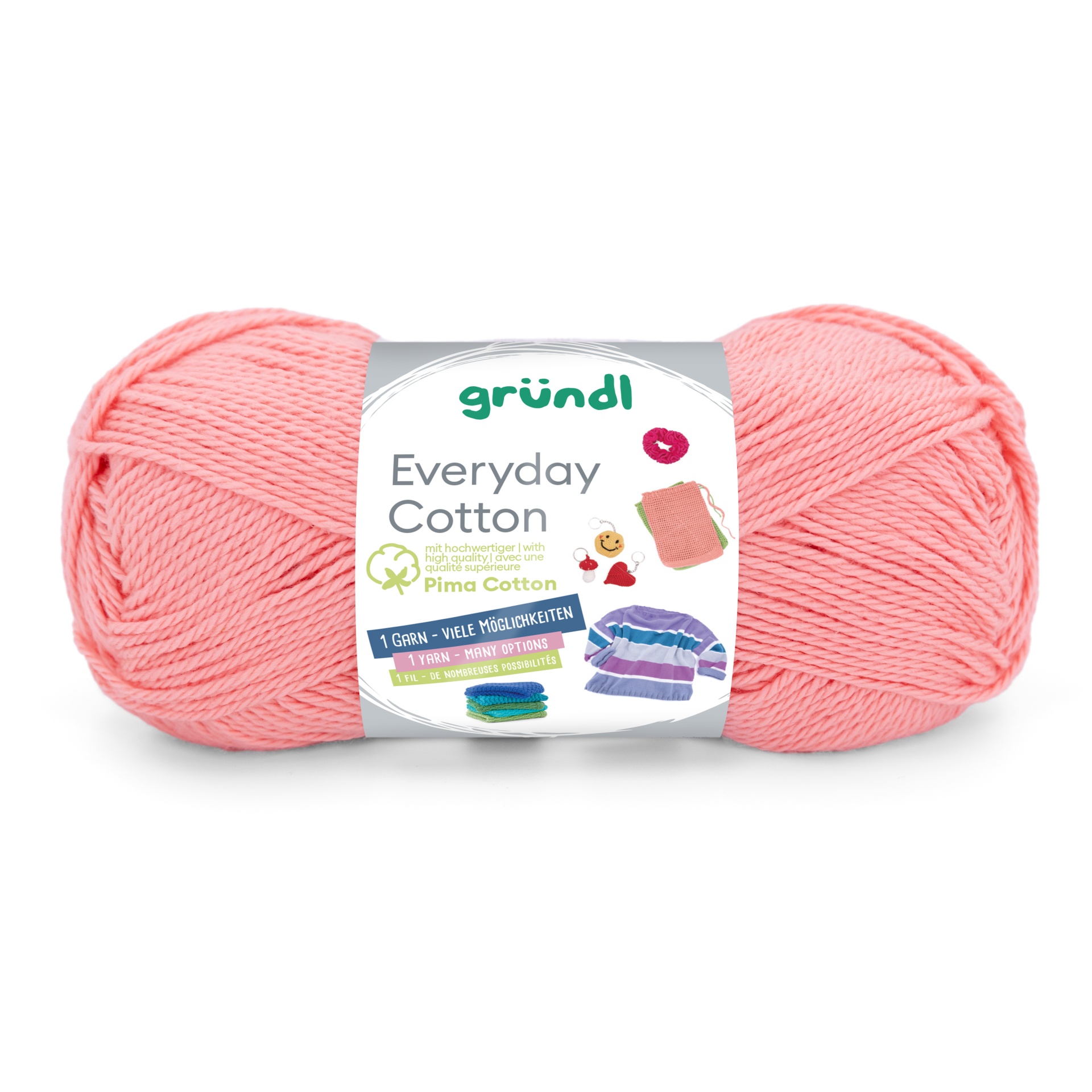 Novelo de fio algodão rosa da marca gründl com etiqueta Everyday Cotton.
