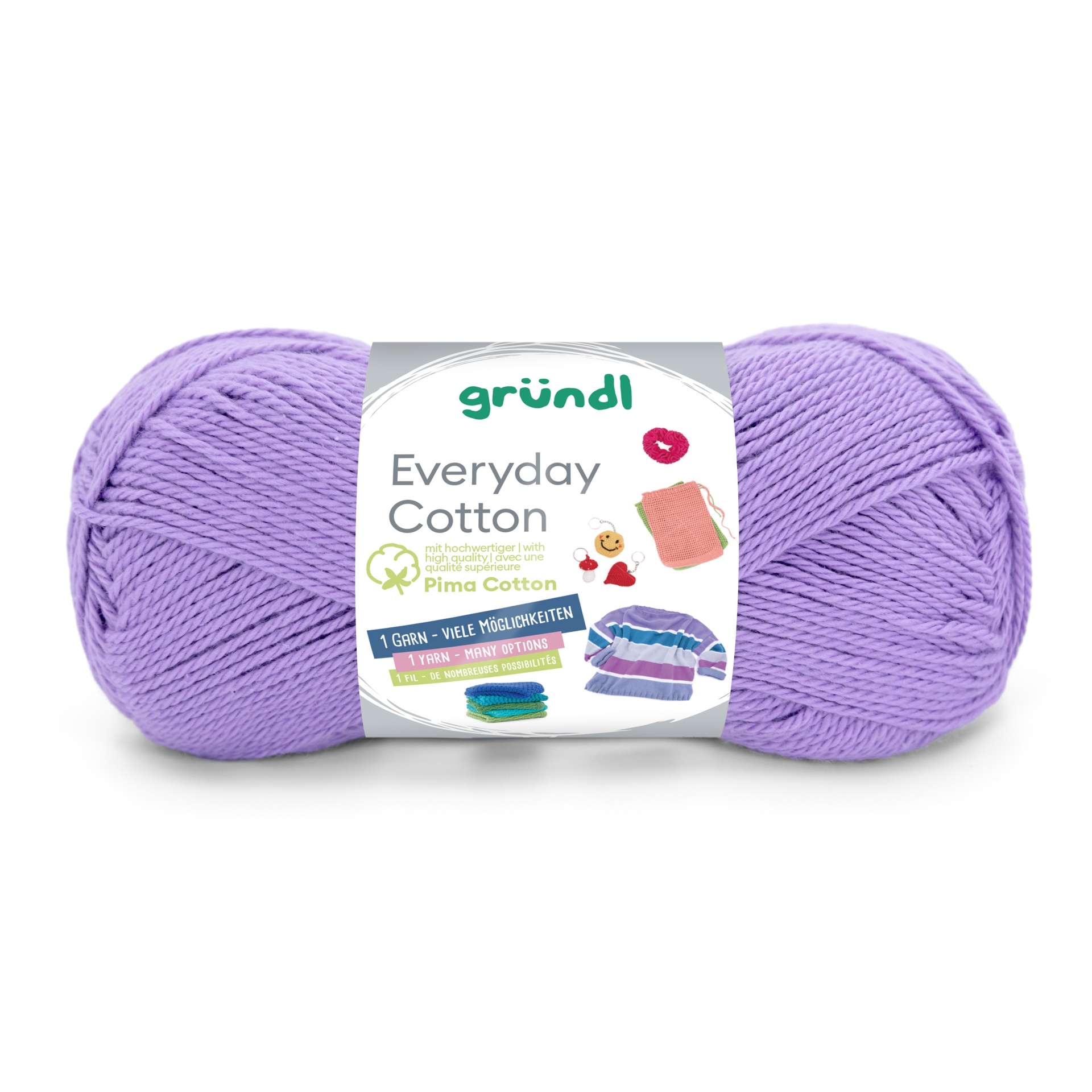 Novelo de fio lilás de algodão com etiqueta branca