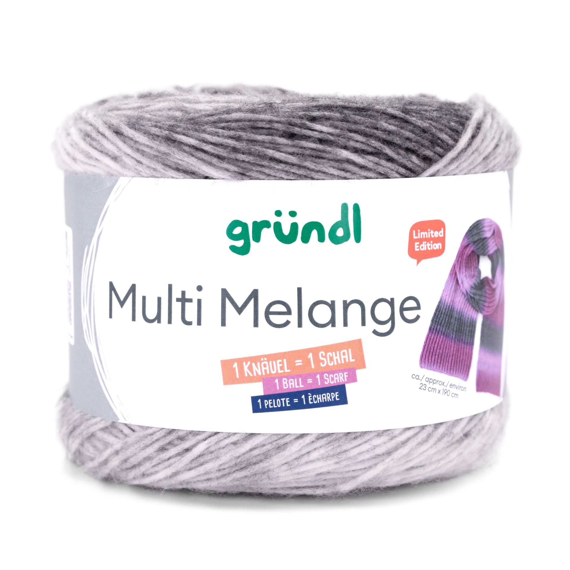 Novelo de lã cinzenta Multi Melange da gründl com etiqueta branca e escrita colorida