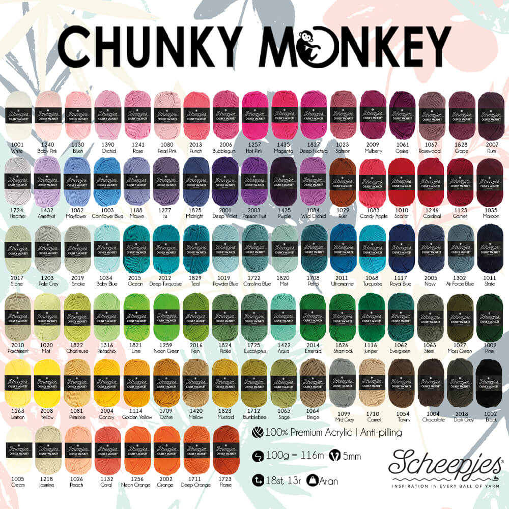 Mostruário de linhas de algodão Chunky Monkey da Scheepjes com várias cores e códigos de cor