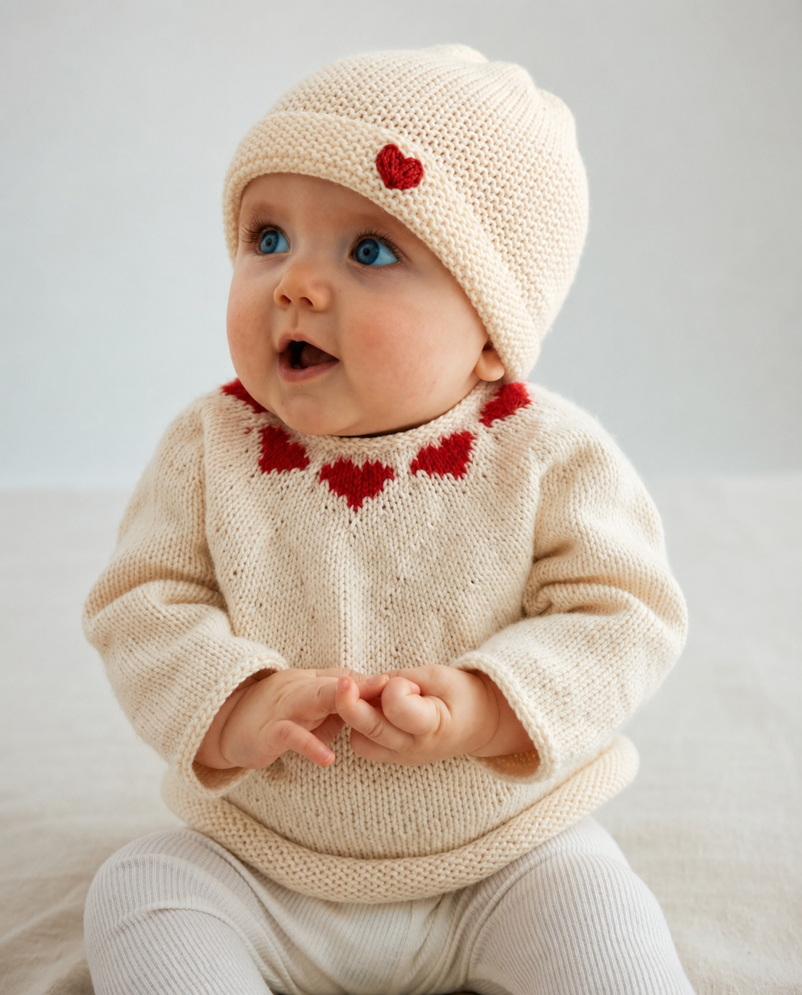 Bébé com touca e camisola de malha creme com corações vermelhos