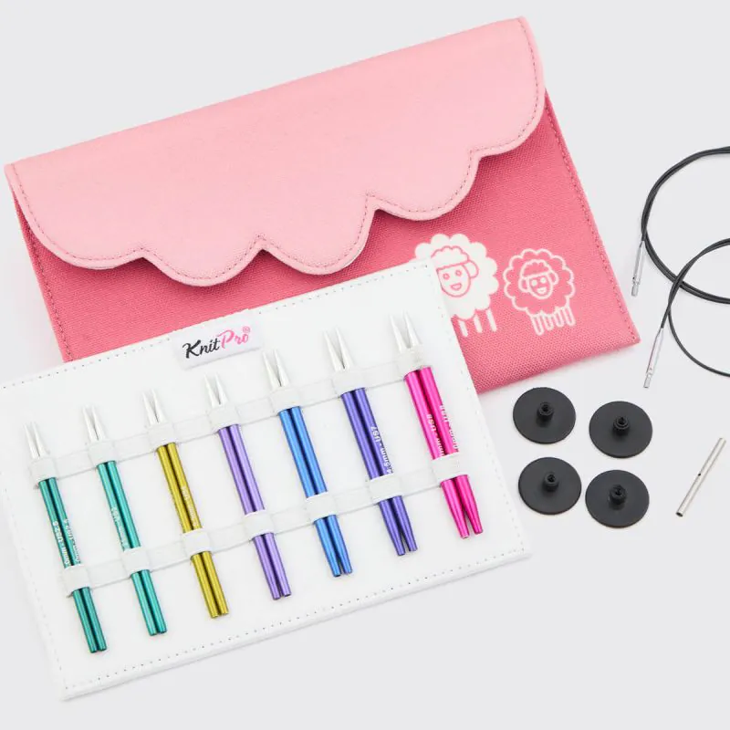 Kit de agulhas de tricô coloridas com estojo rosa e branco com desenho de ovelhas