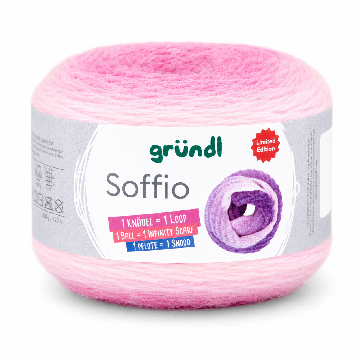 Novelo de lã rosa Soffio da marca gründl com etiqueta e texto informativo