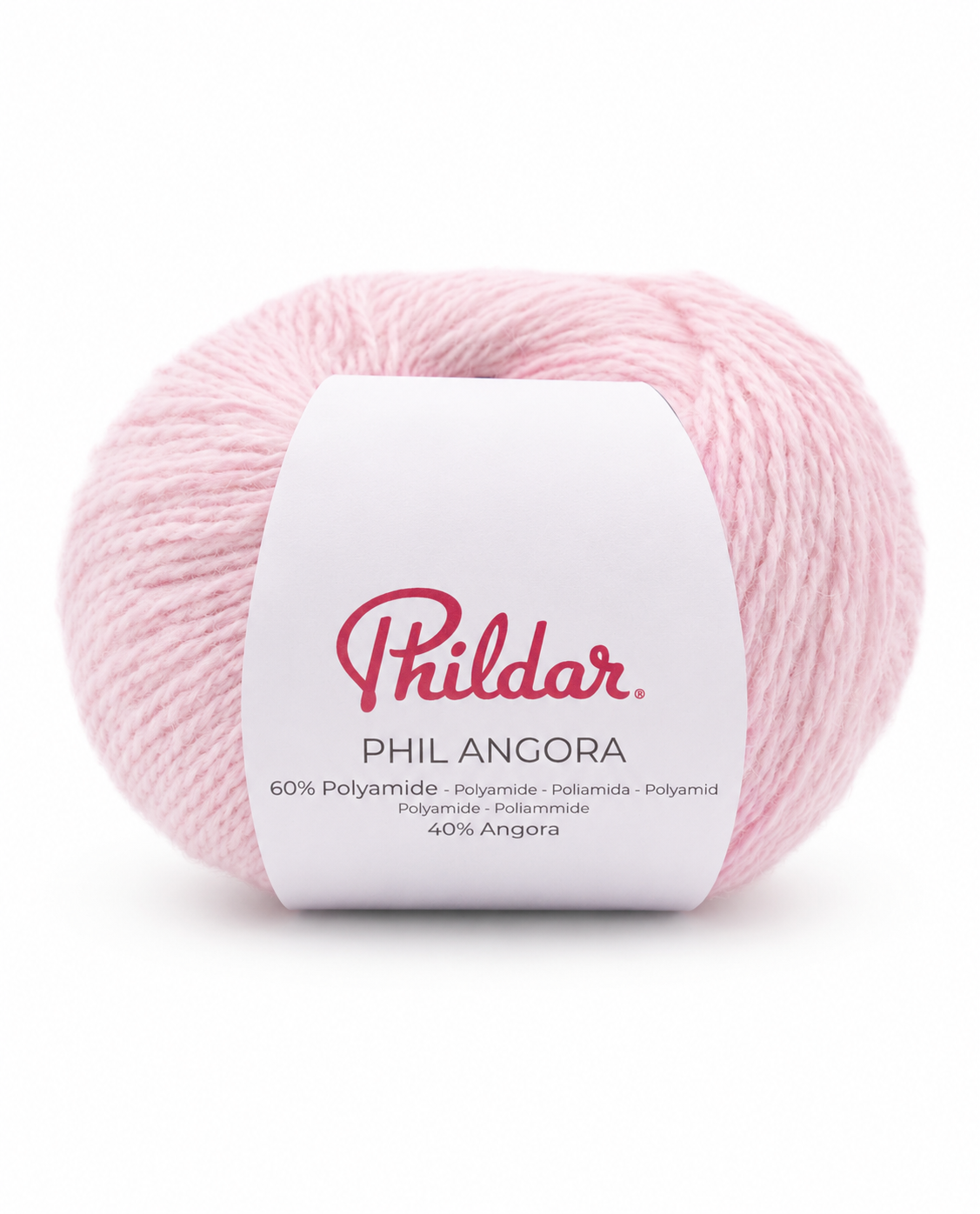Novelo de lã rosa claro com etiqueta branca e texto Phildar PHIL ANGORA