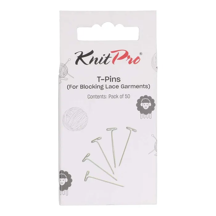 Embalagem branca de T-Pins KnitPro com ilustrações de ovelhas e bolas de lã.