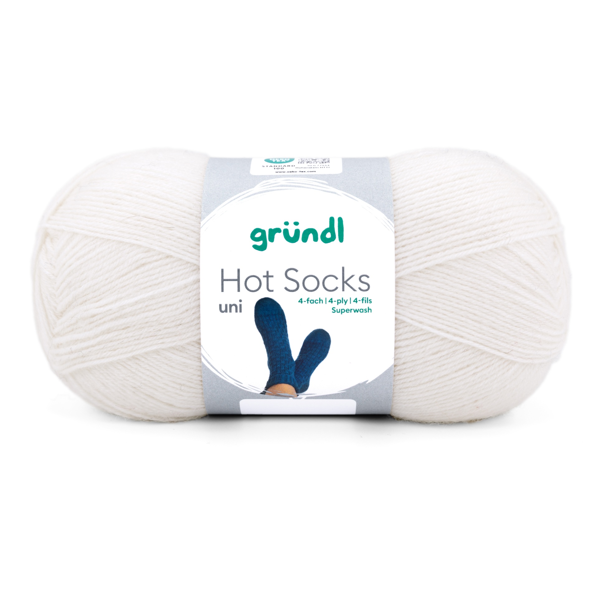 Novelo de lã branca da marca gründl Hot Socks uni com rótulo branco e imagem de meias azuis