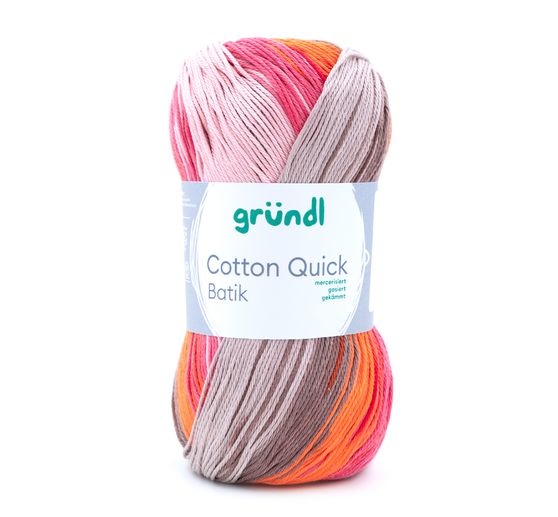 Novelo de fio multicolorido para tricô ou crochet com etiqueta Grundl Cotton Quick Batik