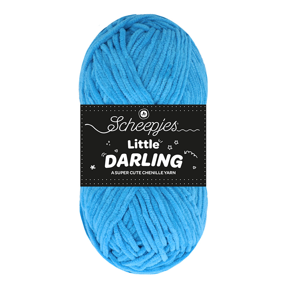 Novelo de lã chenille azul claro Scheepjes Little Darling com etiqueta preta