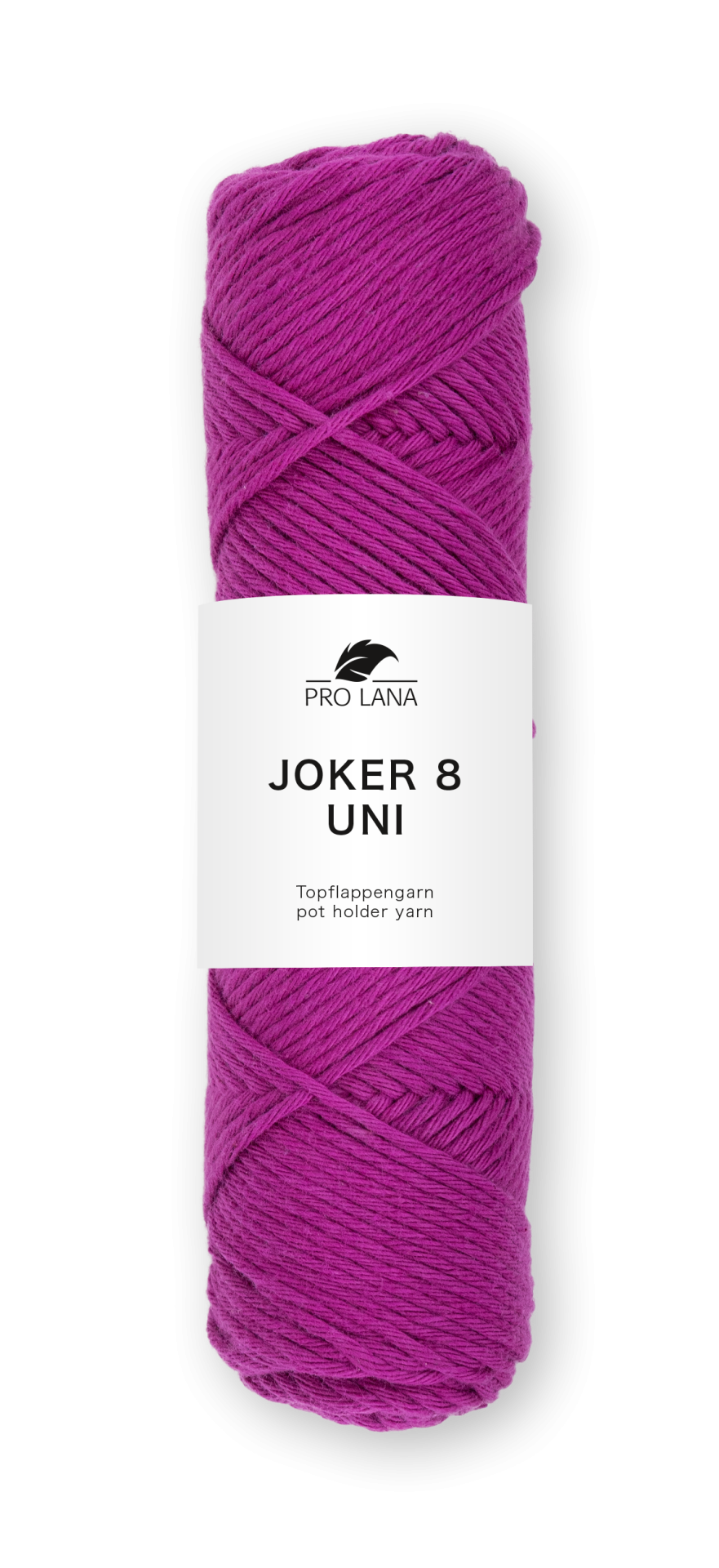 Novelo de fio de lã roxo com rótulo branco da marca PRO LANA