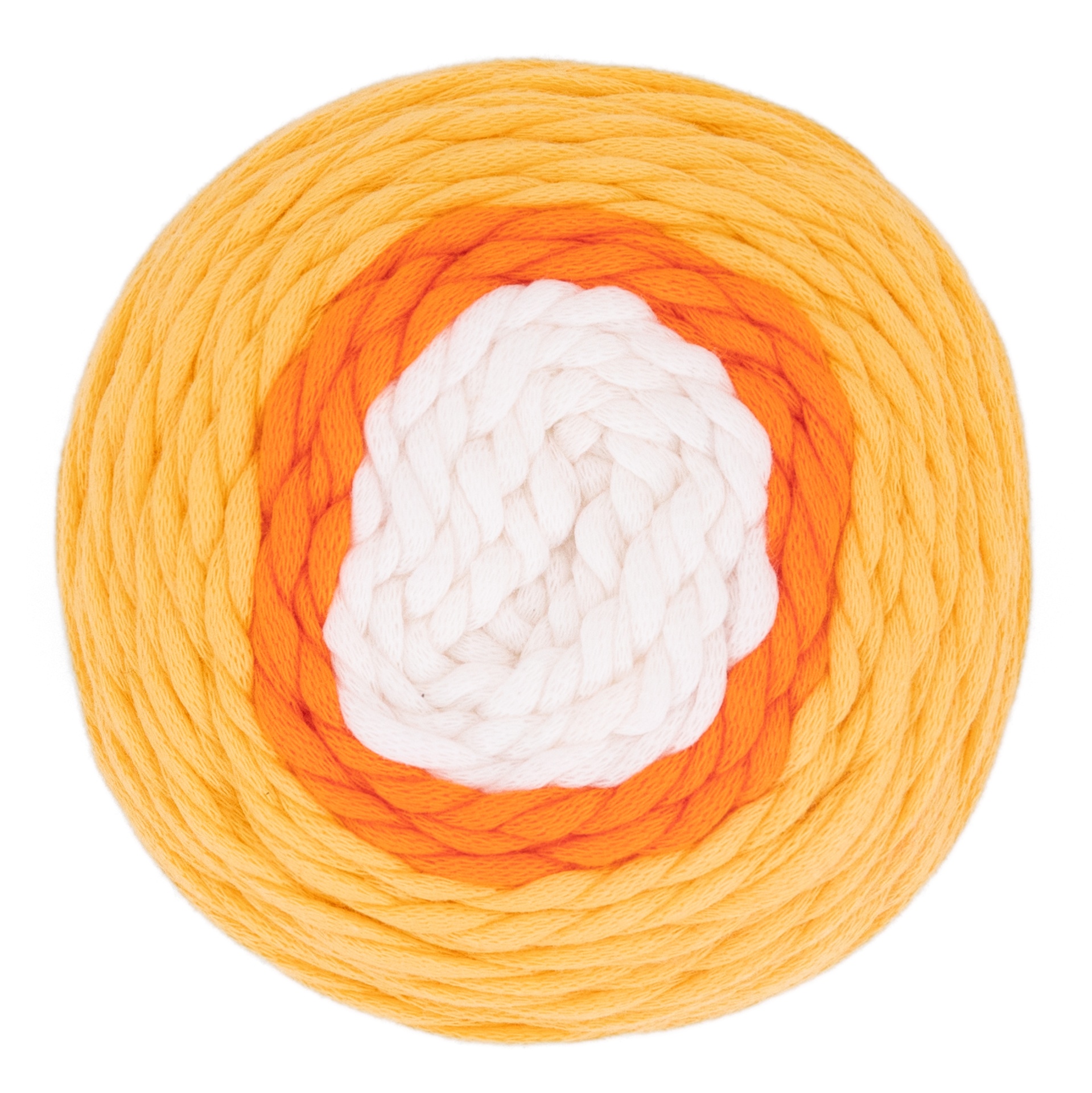 Tapete redondo trançado branco, laranja e amarelo