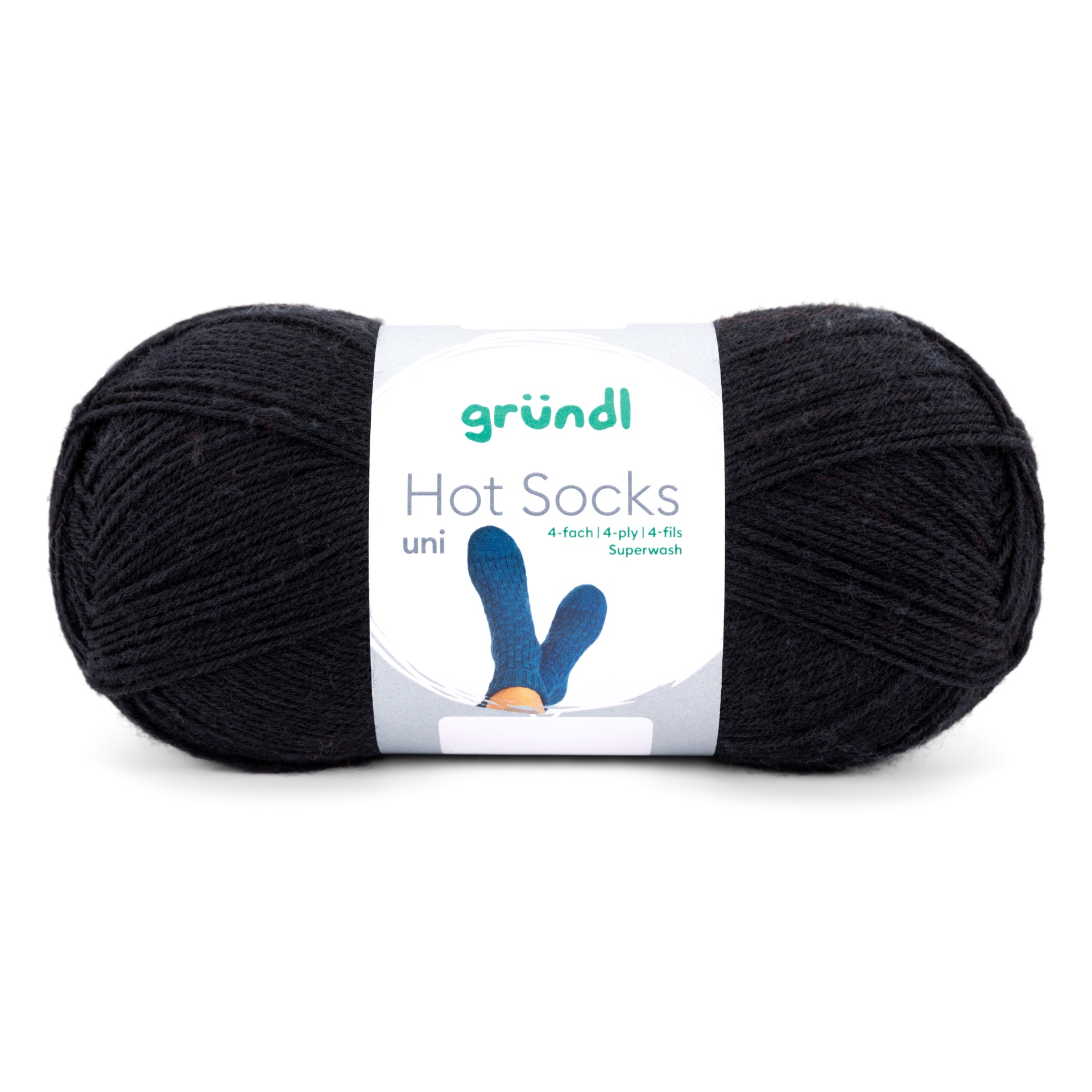 Novelo de lã preto da marca gründl Hot Socks uni com etiqueta branca.