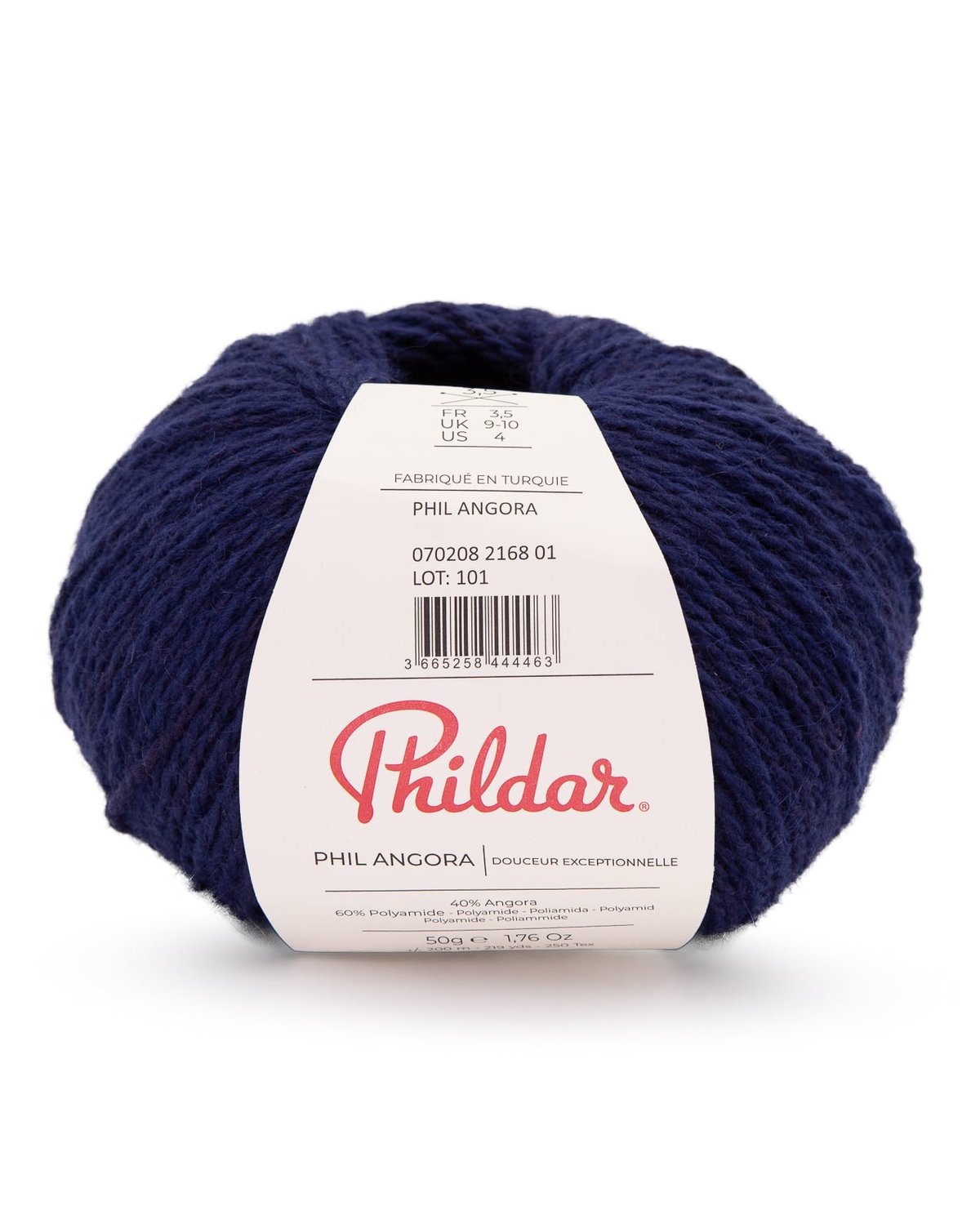 Novelo de fio azul escuro Phildar Phil Angora com rótulo branco