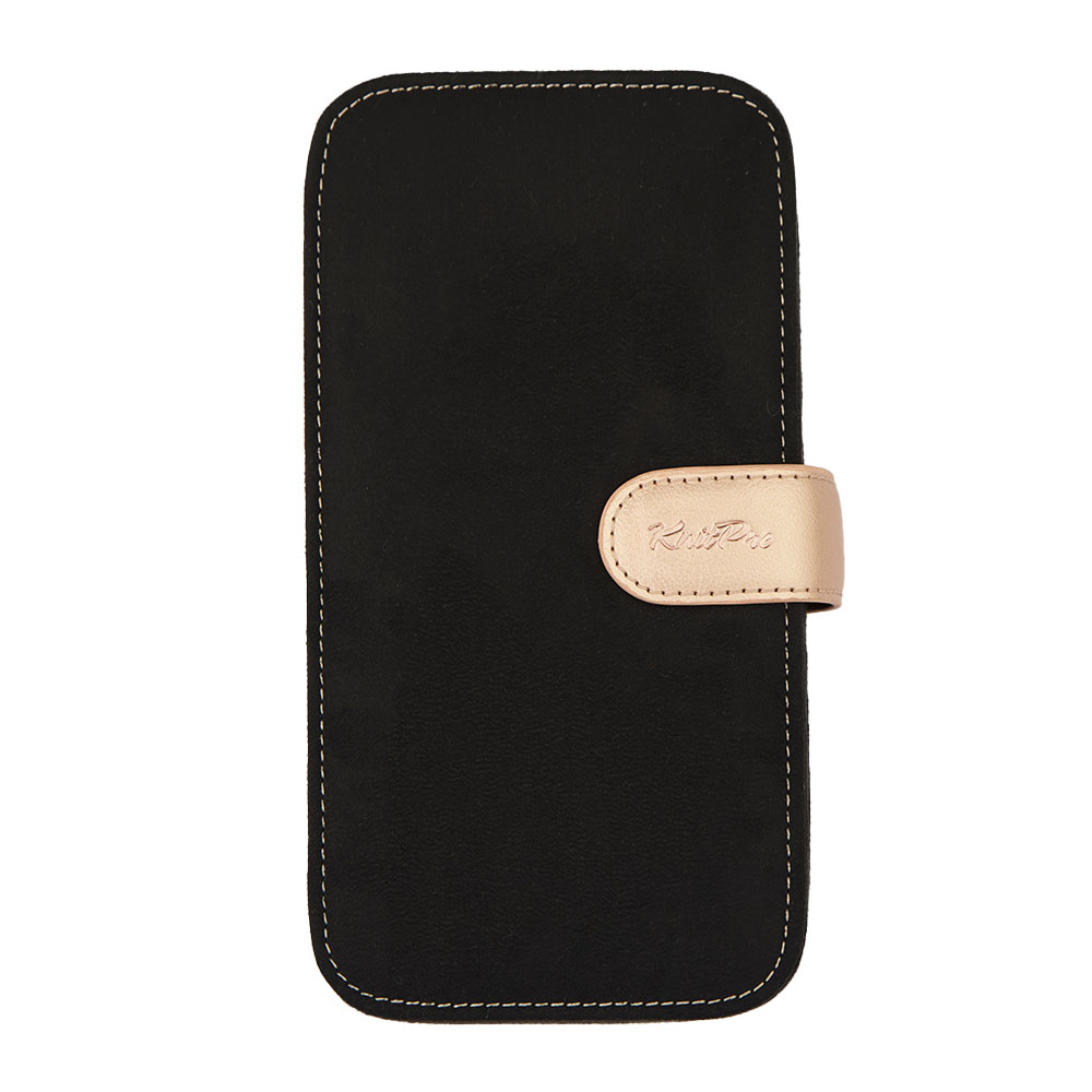 Estojo preto para telemóvel com fecho em pele clara e texto 'Rofos'
