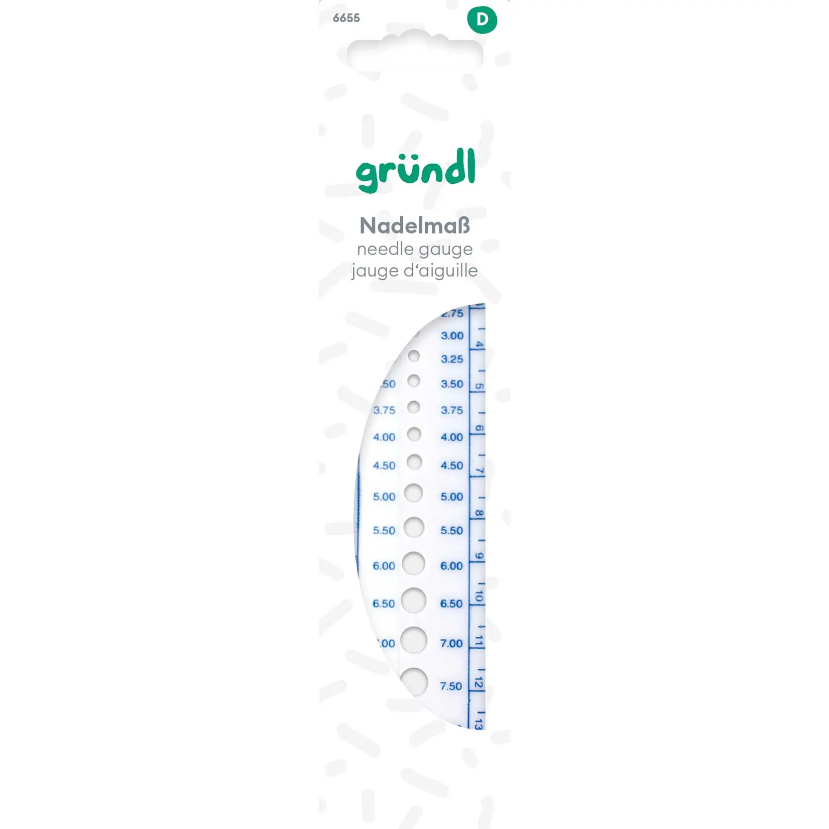 Medidor de agulhas branco e azul em embalagem branca da marca grfcnl