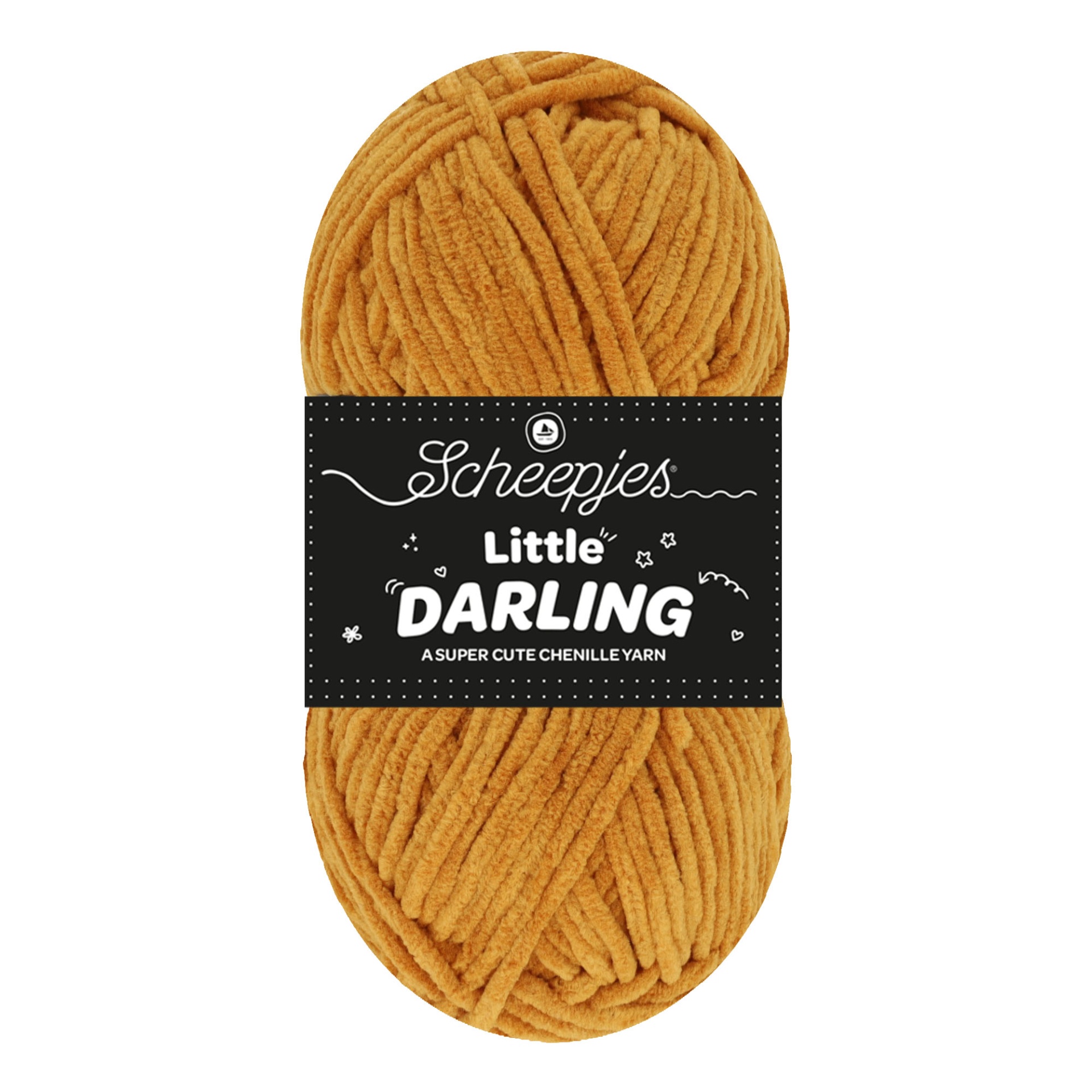 Novelo de fio chenille castanho claro com rótulo preto