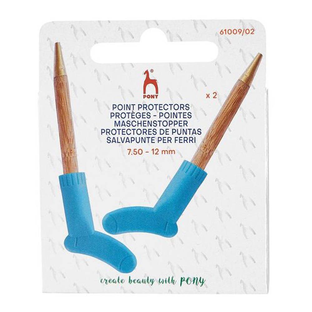 Protetores para pontos de tricô azuis com embalagem branca da marca PONY