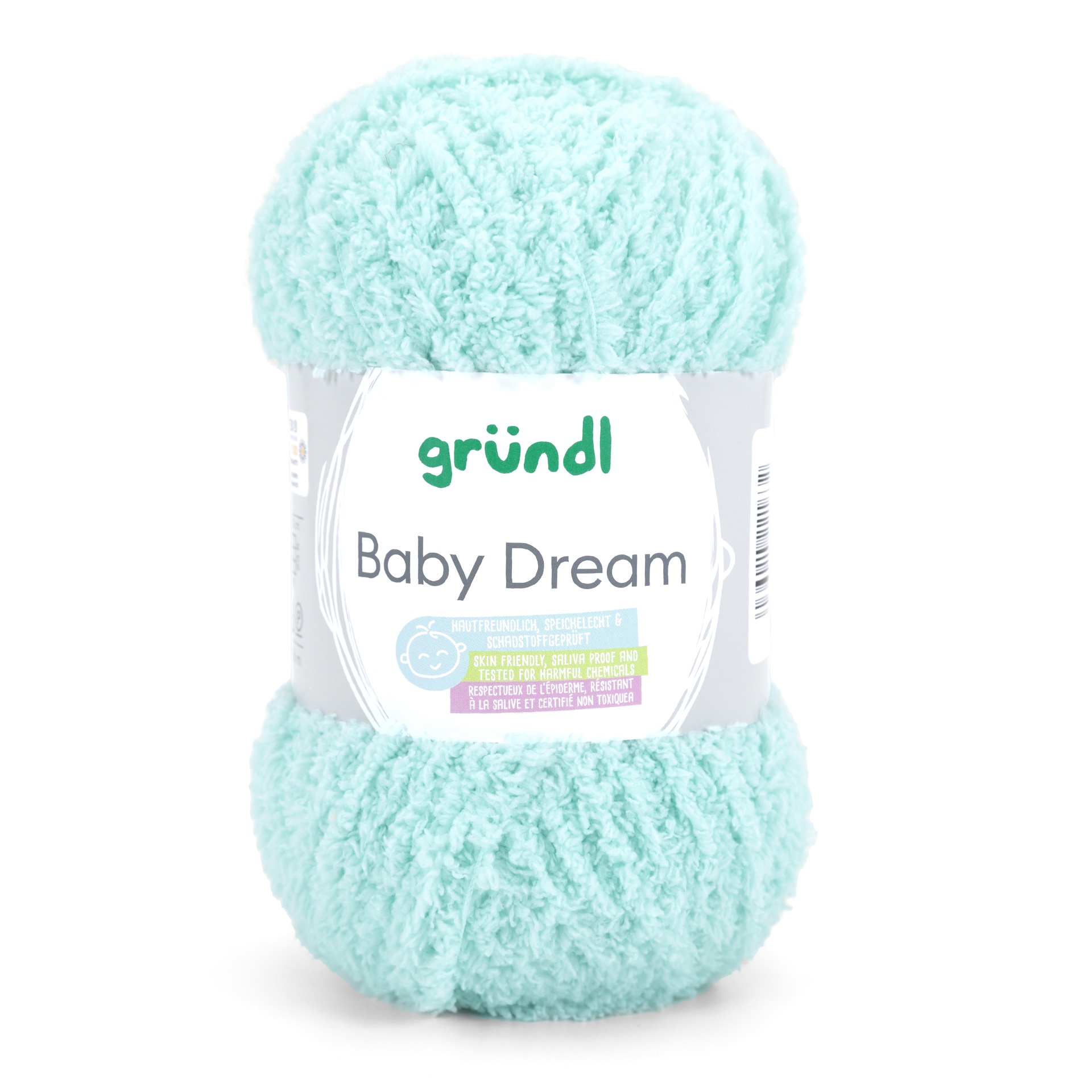 Novelo de lã turquesa Baby Dream da grunnl, textura felpuda.