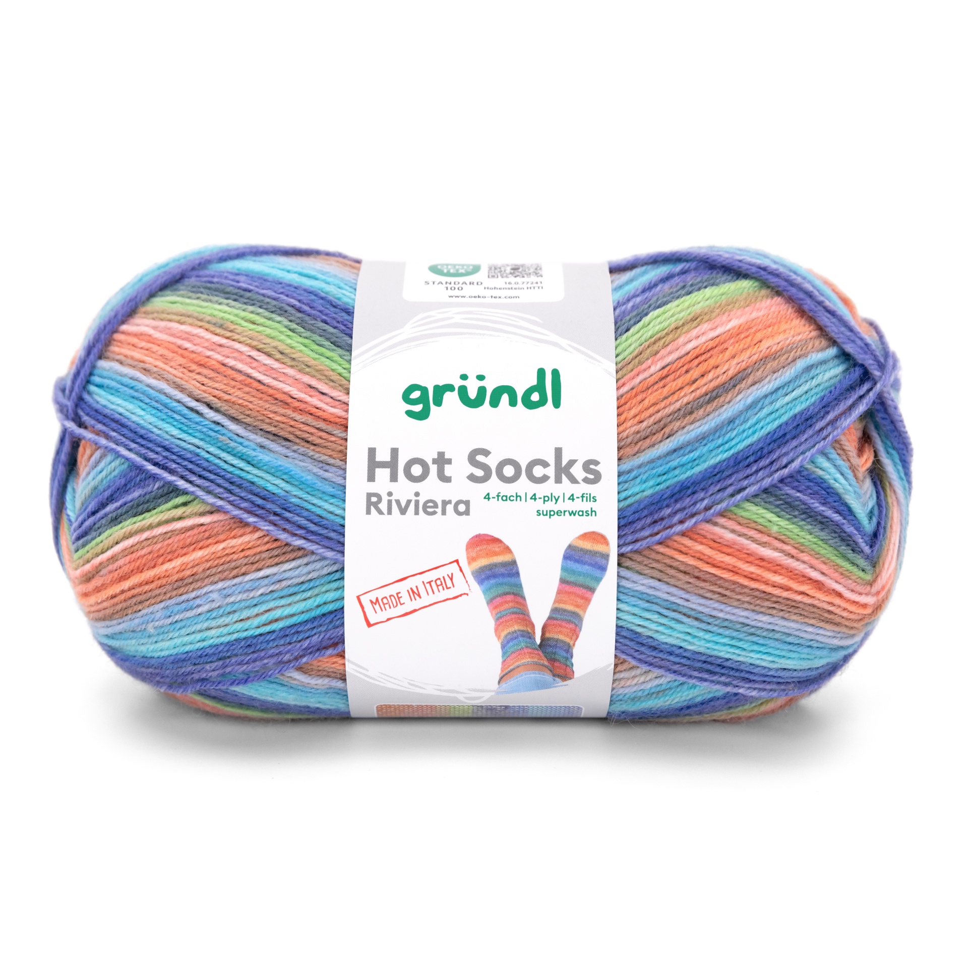 Novelo de lã colorida para meias com etiqueta 'Hot Socks Riviera'.