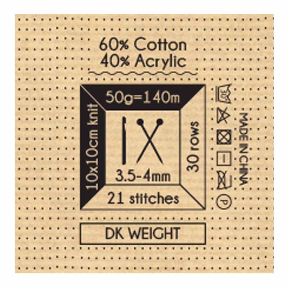 Etiqueta de fio com composição 60% algodão, 40% acrílico e instruções de tricô