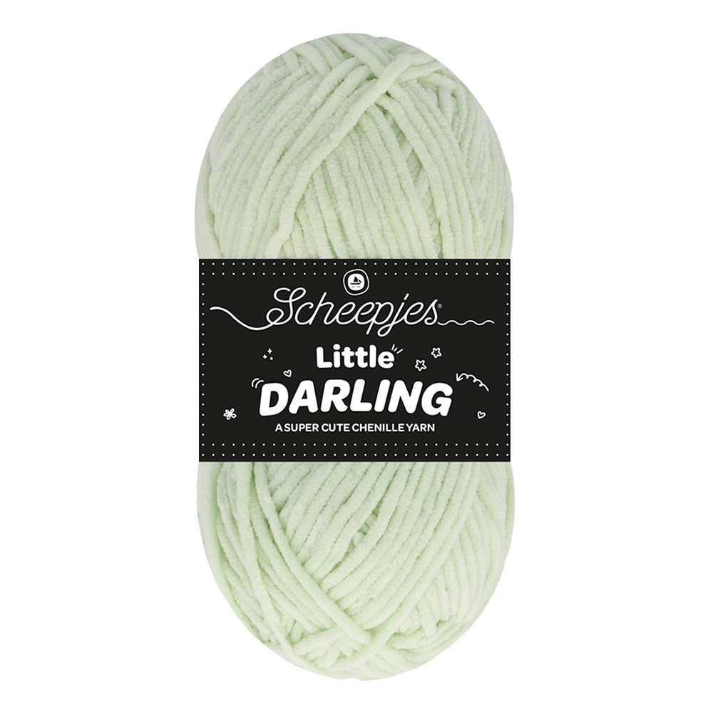 Novelo de fio chenille verde claro com etiqueta preta Scheepjes Little DARLING