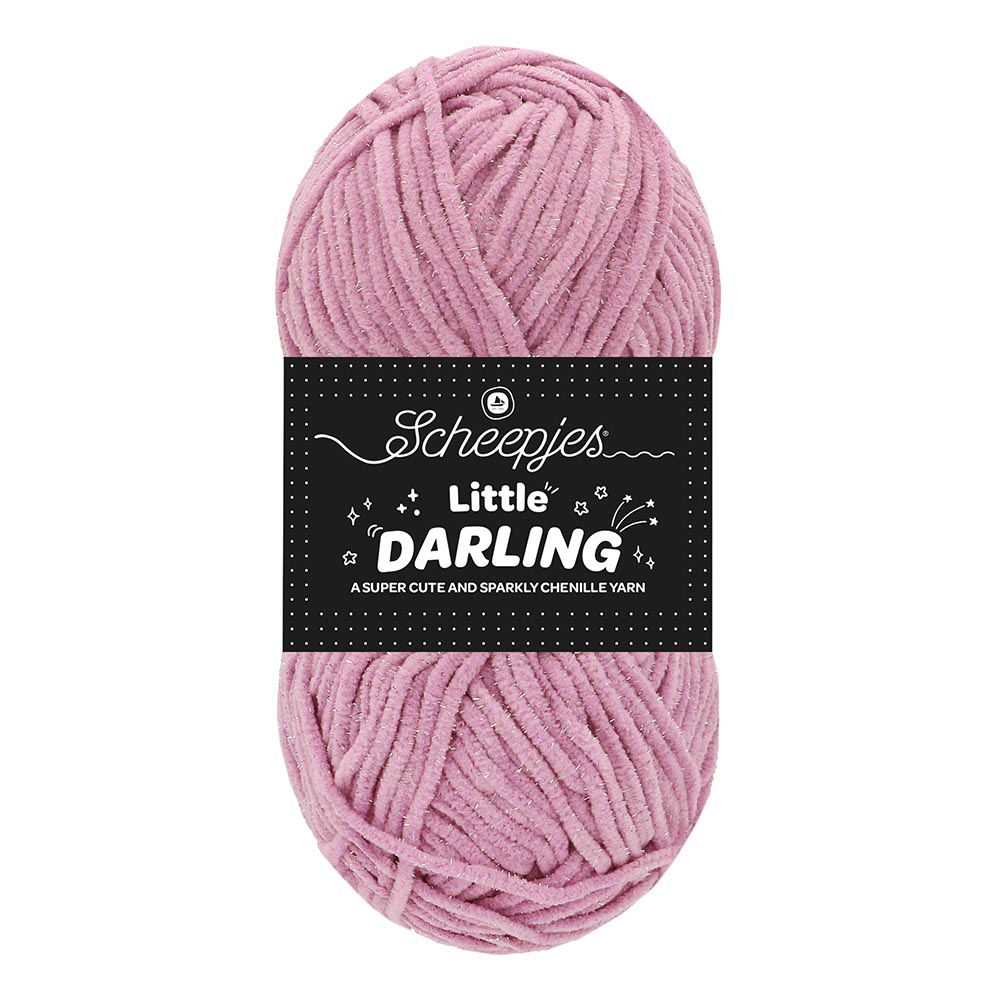 Novelo de lã chenille rosa claro com etiqueta preta e texto branco
