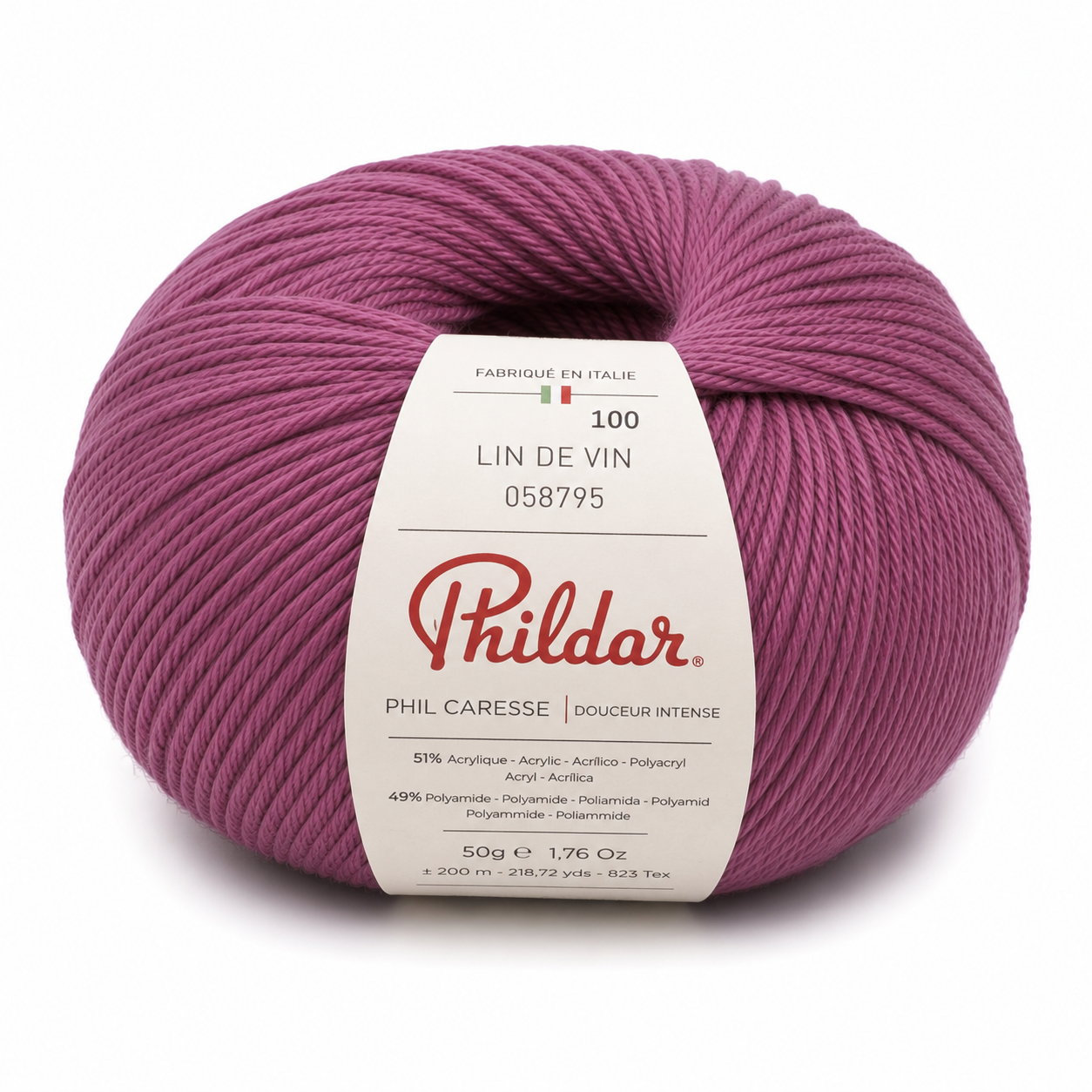 Rolo de fio de lã cor vinho Phildar com etiqueta descritiva