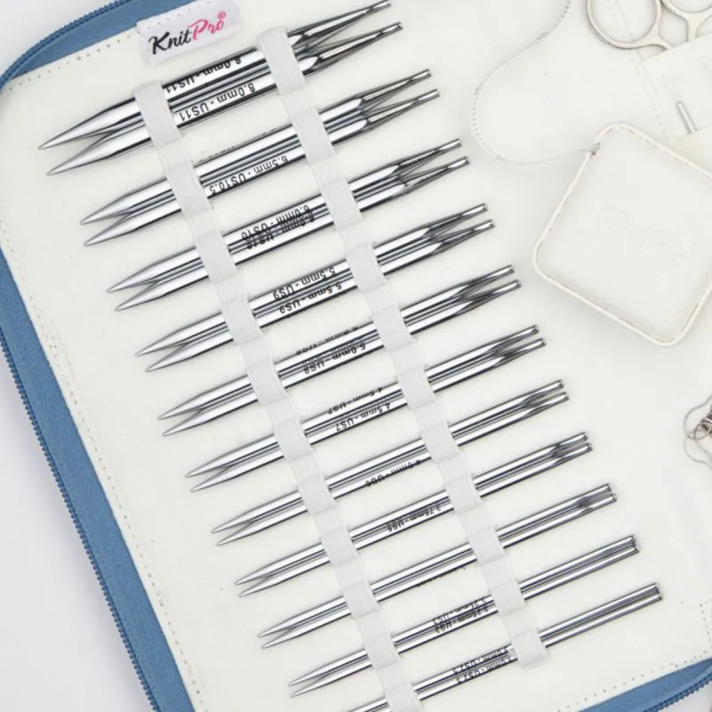 Conjunto de agulhas de tricô de metal em estojo branco e azul da marca KnitPro