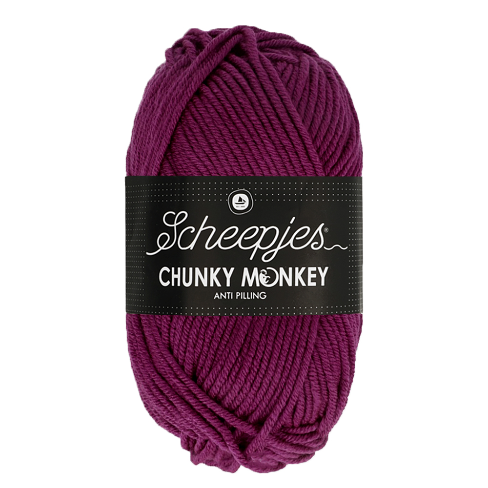 Novelo de lã roxo Scheepjes Chunky Monkey com etiqueta preta