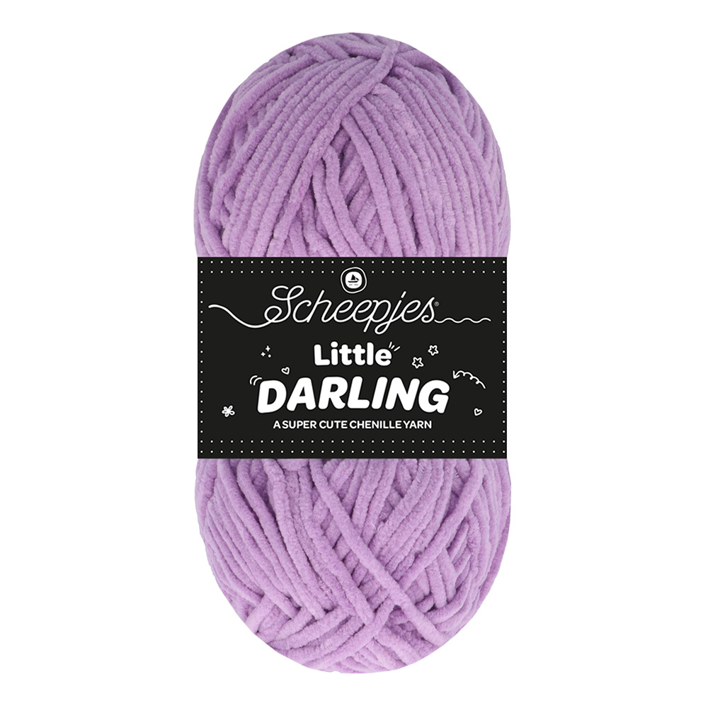 Novelo de lã chenille lilás da Scheepjes Little Darling com etiqueta preta