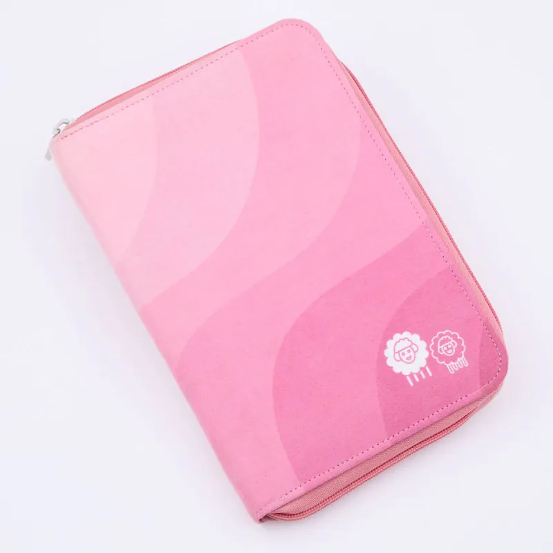 Estojo zíper rosa com ícones brancos no canto inferior direito