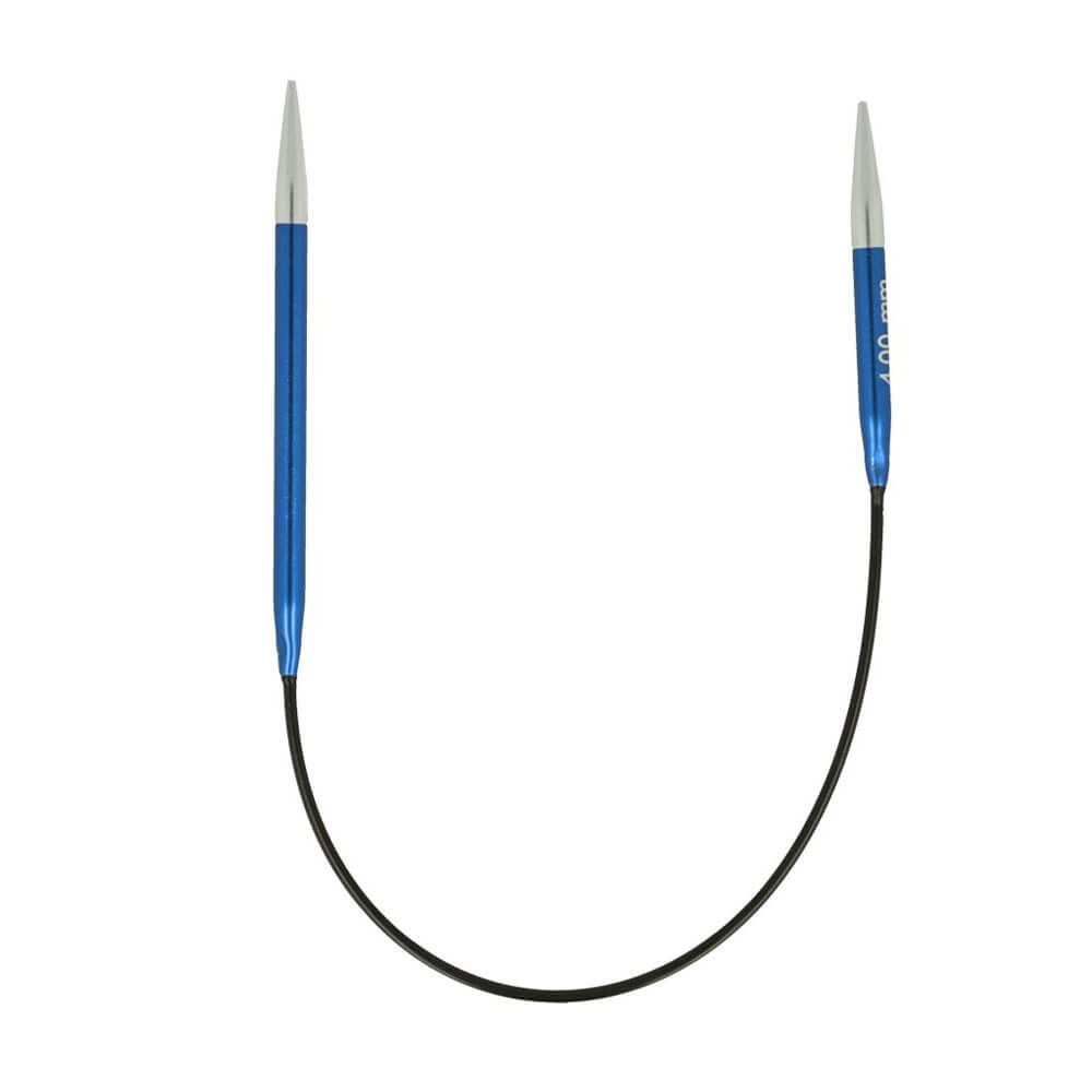 Agulhas circulares de tricô azuis com pontas cinzentas e cabo preto