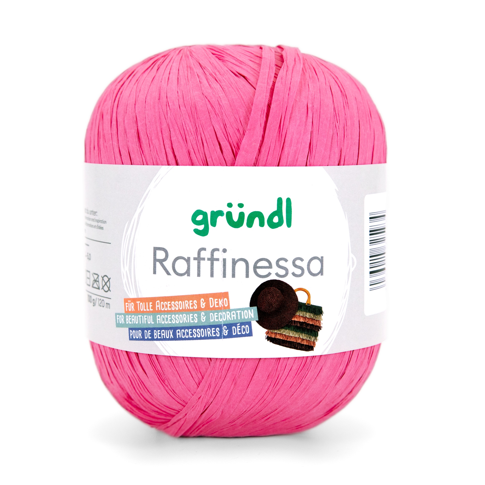 Rolo de fio cor-de-rosa gründl Raffinessa com etiqueta branca e texto multilingue para acessórios e decoração