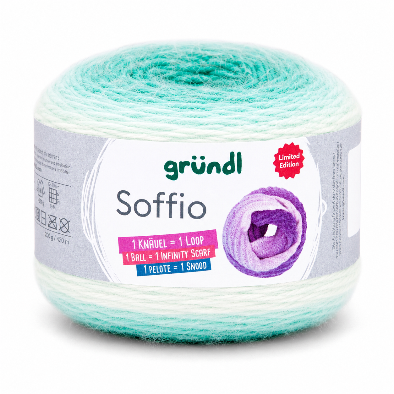 Novelo de lã azul e branco com etiqueta gründl Soffio Limited Edition.