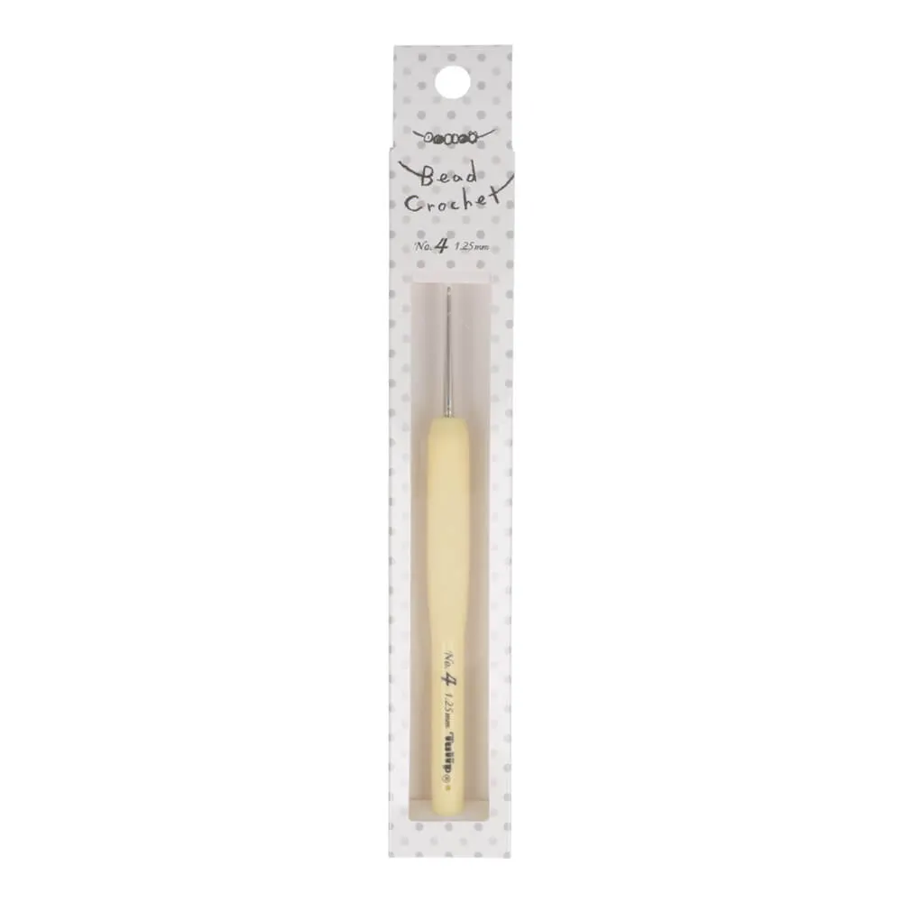 Agulha de crochet para contas com cabo amarelo claro e embalagem branca com bolinhas cinza