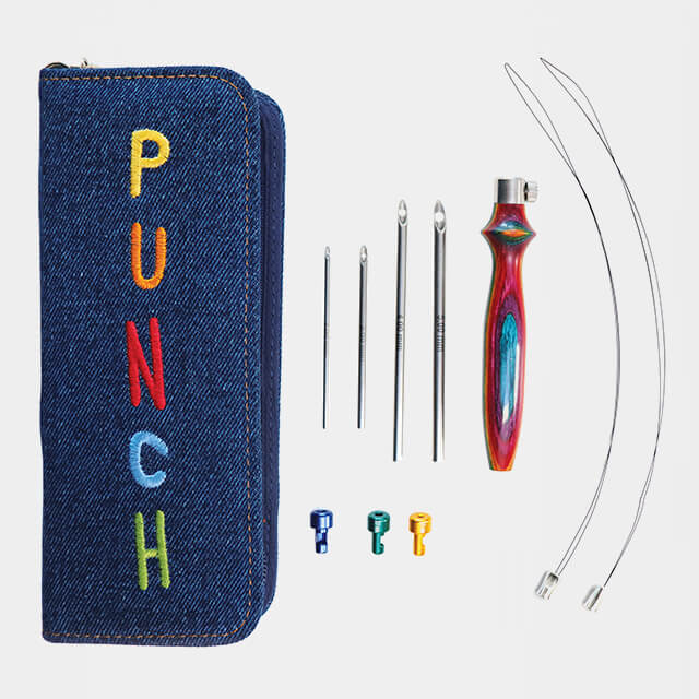 Conjunto punch needle com agulhas, cabo colorido, acessórios e estojo azul com fecho