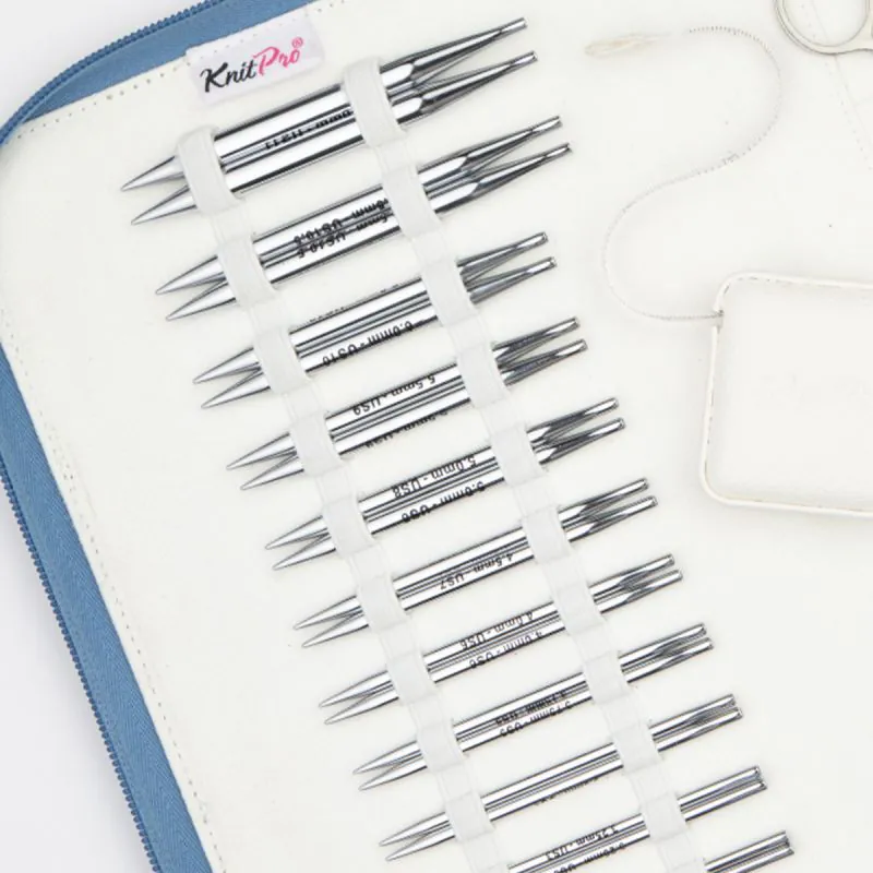 Conjunto de agulhas de tricô metálicas KnitPro em estojo branco e azul