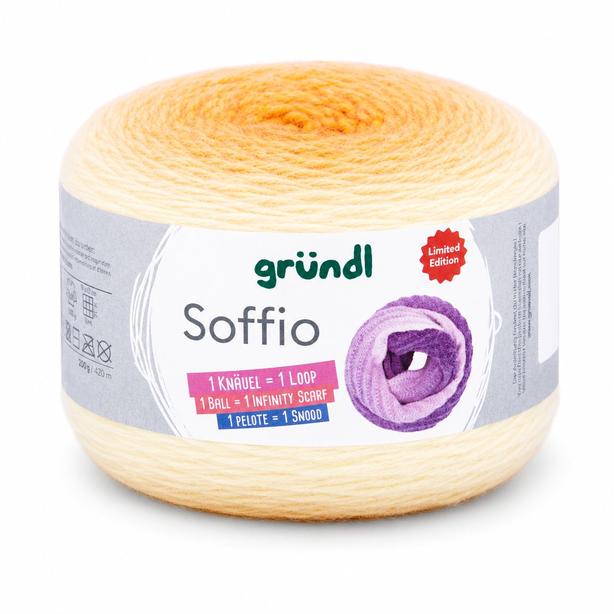Novelo de lã degradé amarelo claro a amarelo escuro com rótulo da marca gründl Soffio