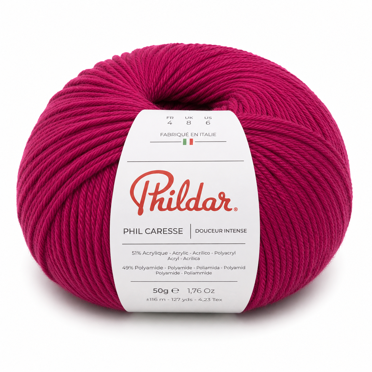 Novelo de fio rosa Phildar Phil Caresse 50g com etiqueta branca
