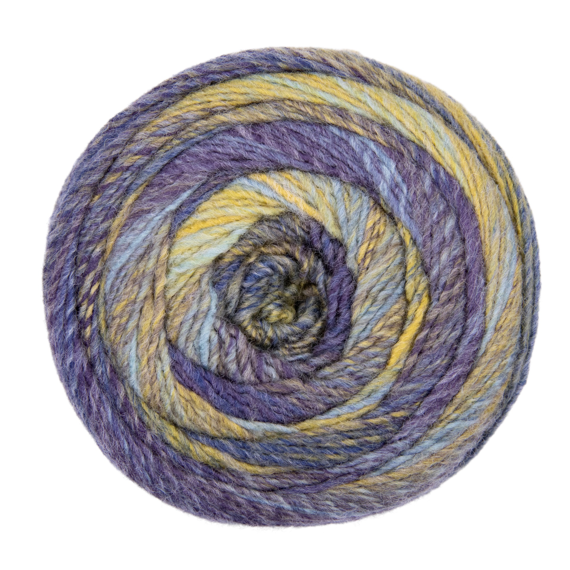 Rolo de lã multicolorida roxo, amarelo e cinzento